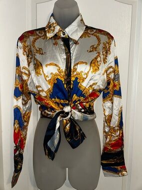 Fashion Nova Gold Baroque Print Satin Tie-Front Blouse - Blue, White, Red, Gold